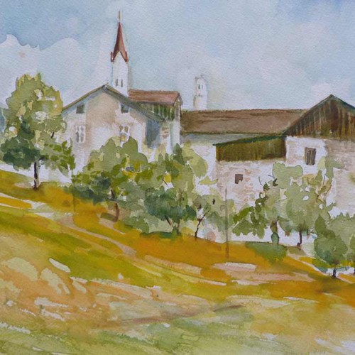 Aquarell Bauernhof Ansitz Schloss Gravetsch